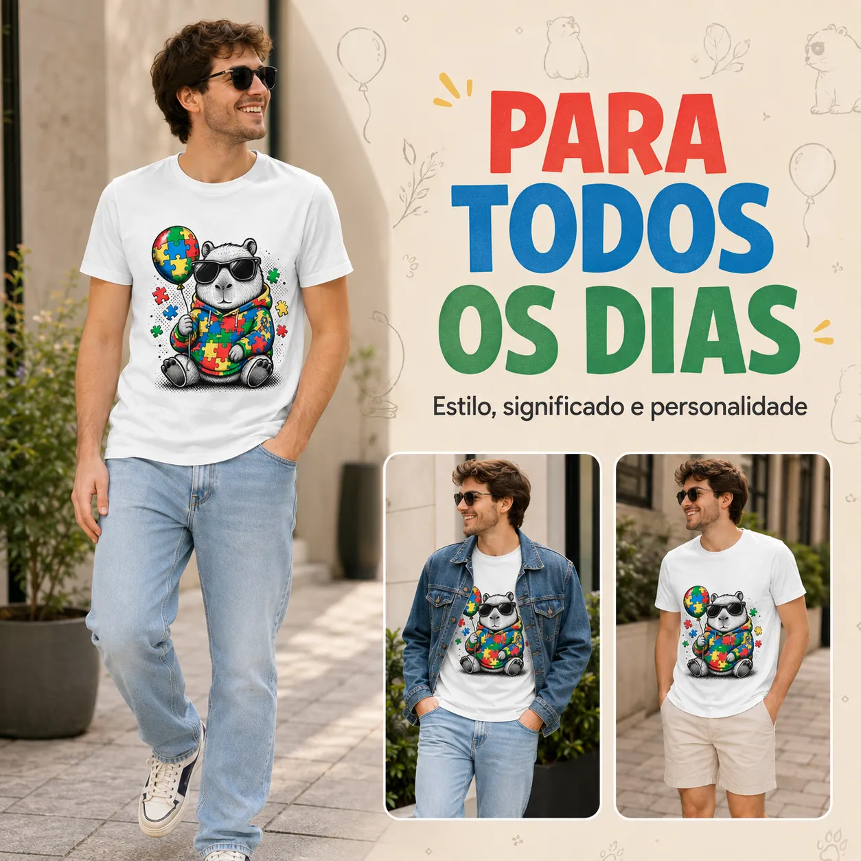 Camiseta Autismo TEA Capivara Vida de Capi Inclusão Branca 100% Algodão Unissex