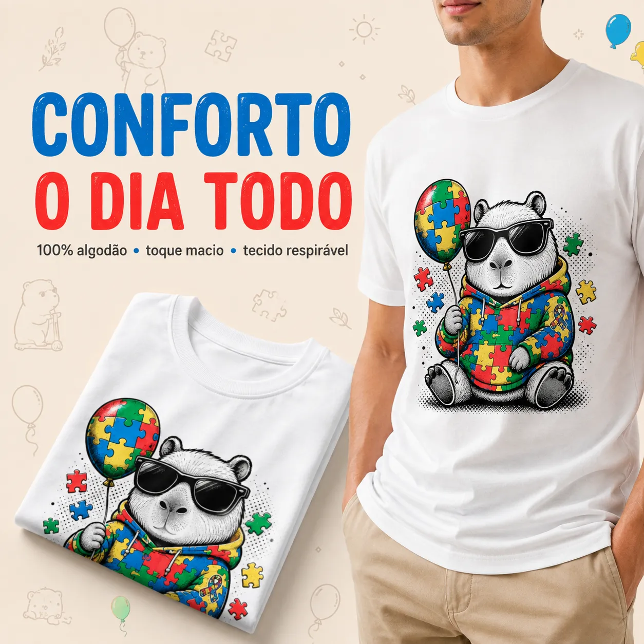 Camiseta Autismo TEA Capivara Vida de Capi Inclusão Branca 100% Algodão Unissex 4