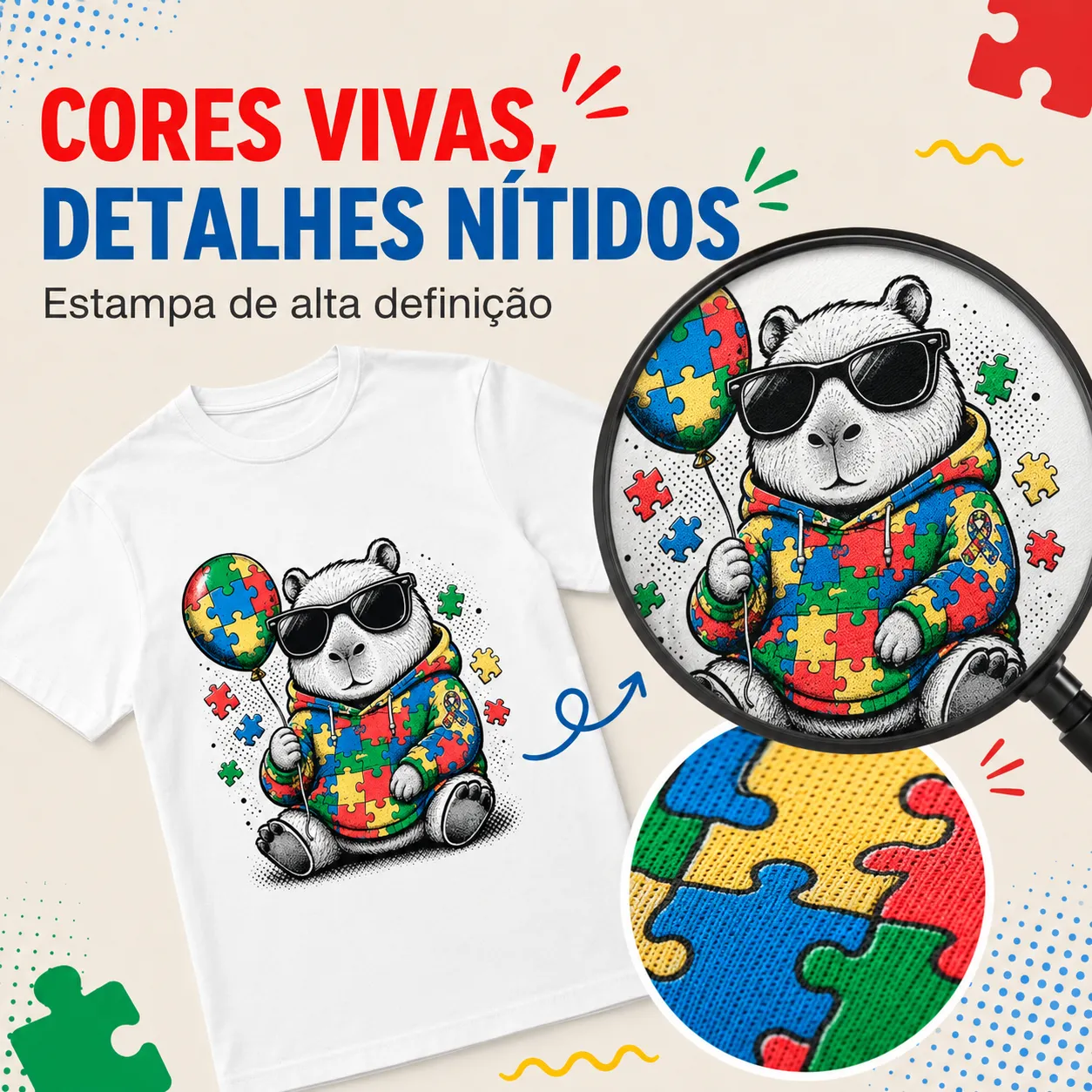 Camiseta Autismo TEA Capivara Vida de Capi Inclusão Branca 100% Algodão Unissex 5