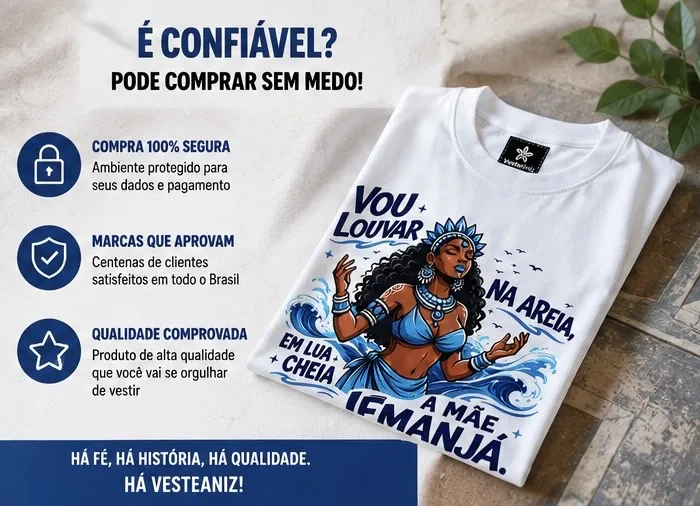 Camiseta Iemanjá Umbanda 100% Algodão Unissex Branca Estampa Religiosa Orixá Vou Louvar na Areia 2