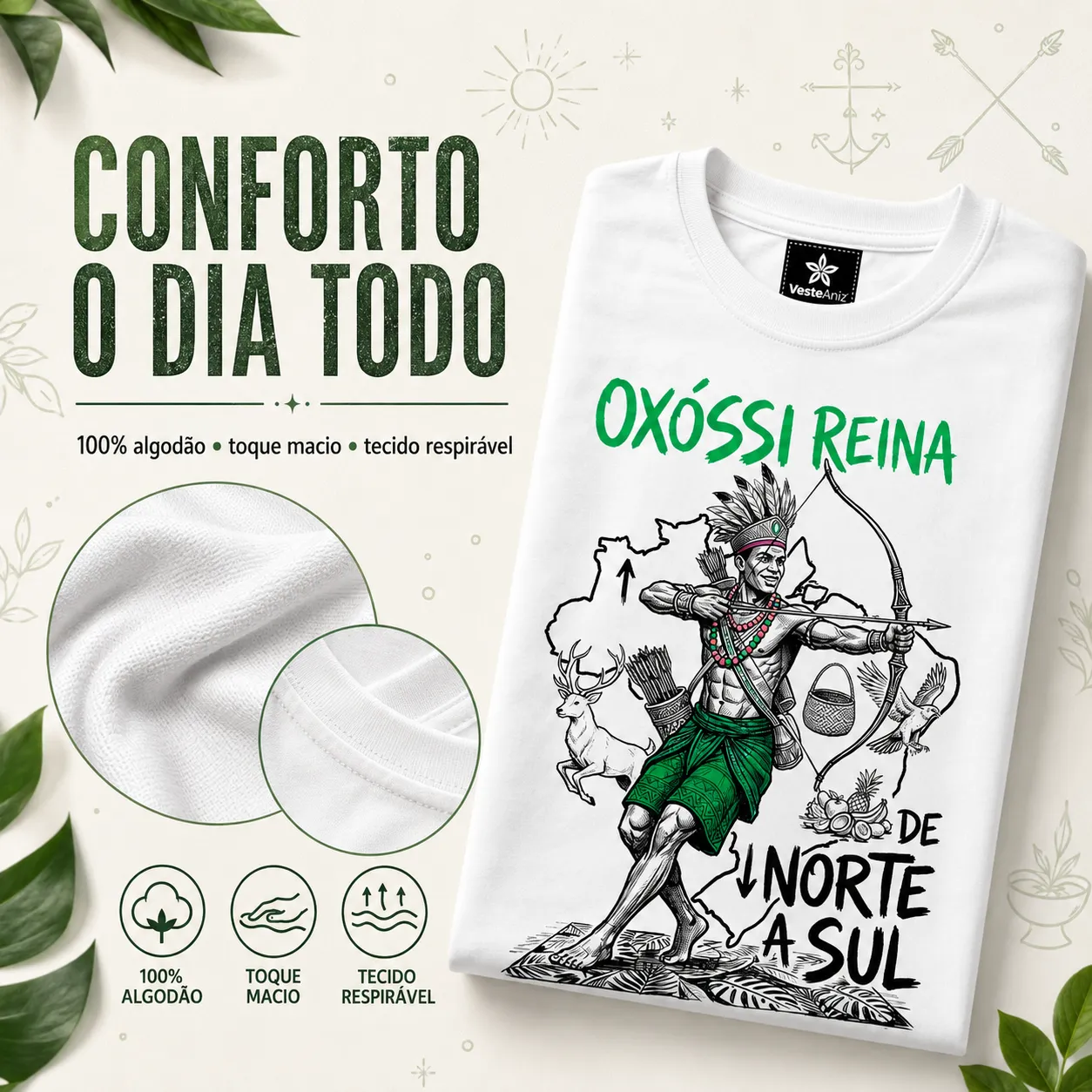 Camiseta Oxóssi Umbanda 100% Algodão Unissex Branca Orixá Religiosa De Norte a Sul 2
