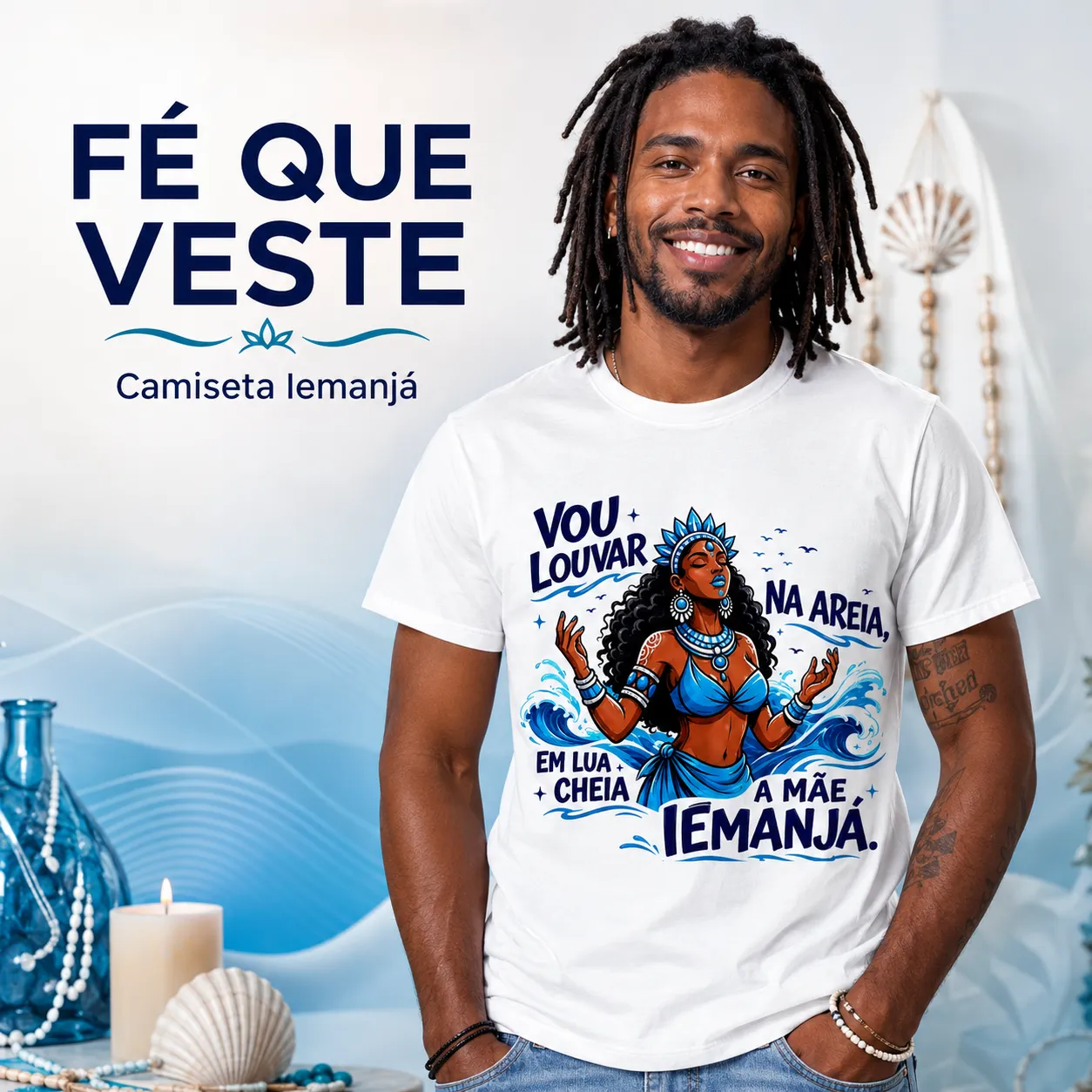 Camiseta Iemanjá Umbanda 100% Algodão Unissex Branca Estampa Religiosa Orixá Vou Louvar na Areia 1