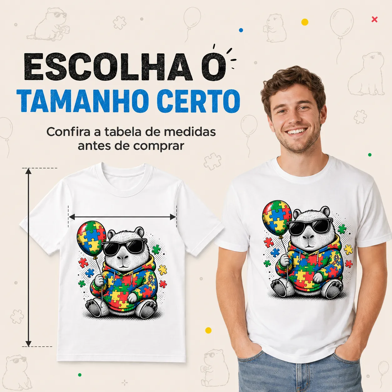 Camiseta Autismo TEA Capivara Vida de Capi Inclusão Branca 100% Algodão Unissex 2